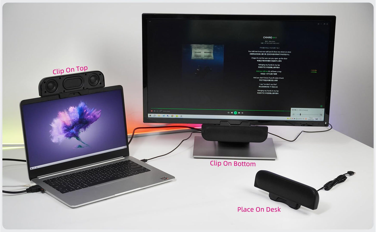 Computer Speakers for Desktop PC, Monitor Speakers, USB Plug-in, Wired, External Speaker for Laptop, Small Computer Soundbar for PC, with Loud Sound, Deep Bass, USB-C Adapter, Easily Clamp to Monitor