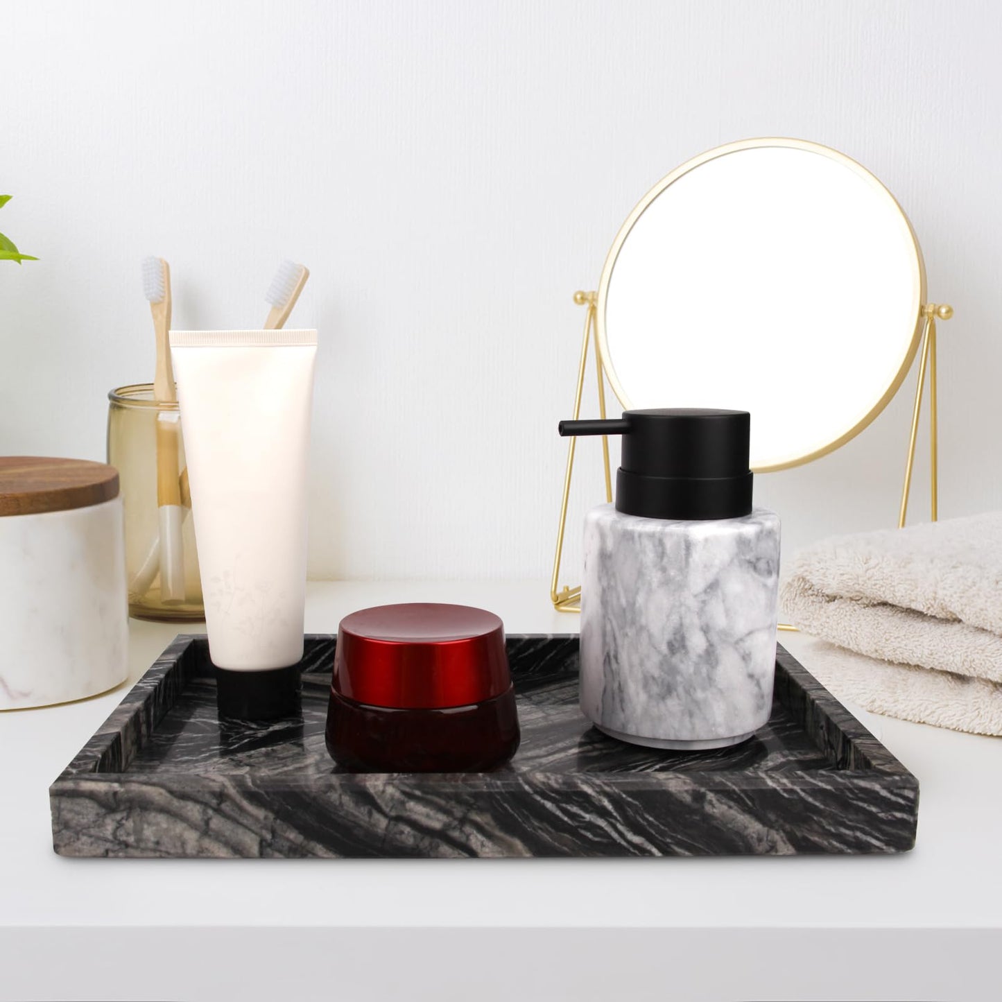 Marble Bathroom Vanity Tray, Natural Luxury Vanity Home Kitchen Bathroom Table Tray, Stone Decorative Countertop Dresser Trays for Key Coffee Perfume Jewelry Makeup (Wood Grain, 12"x 8" x1.2")