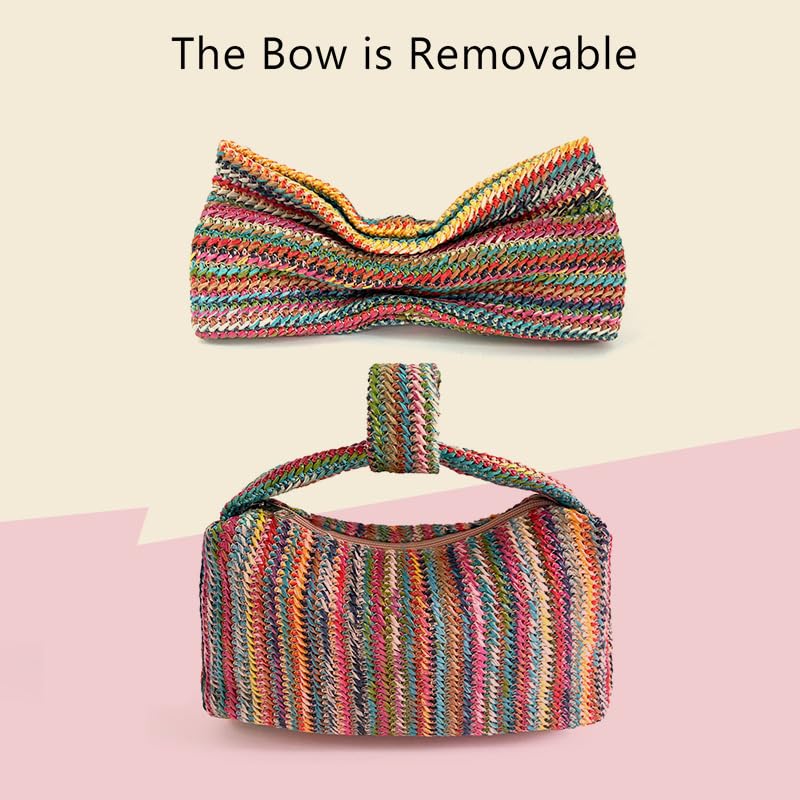 FantasyBear Small Straw Cluth for women,Trendy Cute Summer Woven With Bow Women Purse Handbag Wallet For Beach Vacation Party (Multicolour)