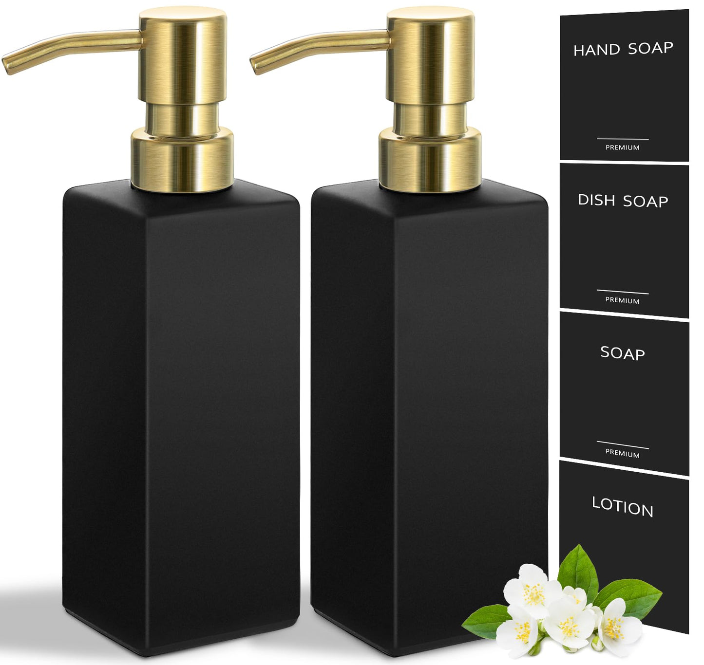 GMISUN Black Soap Dispenser, Hand Soap Dispenser Bathroom, 12oz Glass Soap Dispenser with Stainless Steel Pump, Liquid Dish Soap Dispenser for Kitchen, Modern Bathroom/Kitchen Soap Dispenser Set