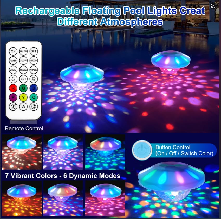 TEPENAR Rechargeable Floating Pool Lights: 2 Pack Pool Light That Float with RGB Color Changing Upper and Lower Floating Lights Remote Control IP68 Waterproof Bathtub Lights for Pond Garden Party
