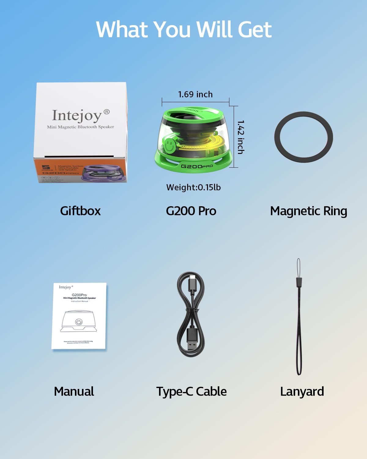 Intejoy Portable Bluetooth Speakers Wireless with RGB Light, Stereo Sound Shower Speaker Bluetooth 5.4 Version, Magnetic Mobile Phone Holder -G200Pro (Green)