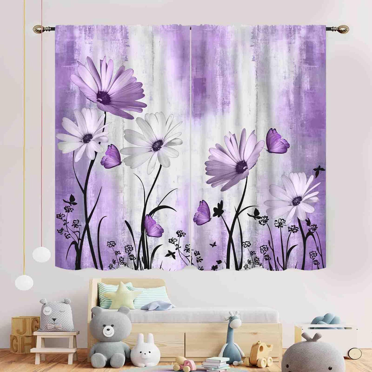 TKUYO Purple White Daisy Curtains, Farmhouse Modern Flower Retro Floral Spring Butterfly Rural Country Style Seasonal Window Drapery for Living Room Bedroom Kitchen Bathroom 2 Panels, 42"x54" Inch