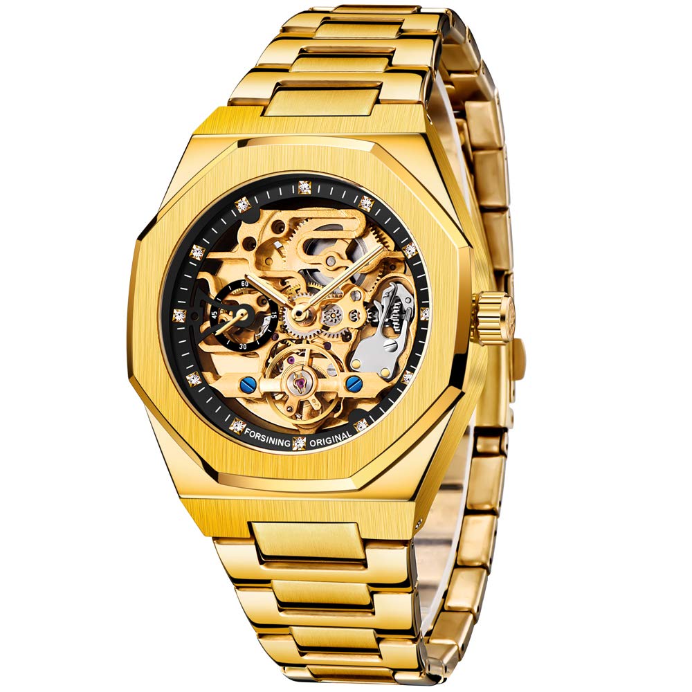 Tiong Cool Tourbillon Automatic Mechanical Watch Men Gold Luxury 2 Dial Watch Metal Stainless Steel Watchband Christmas Gift