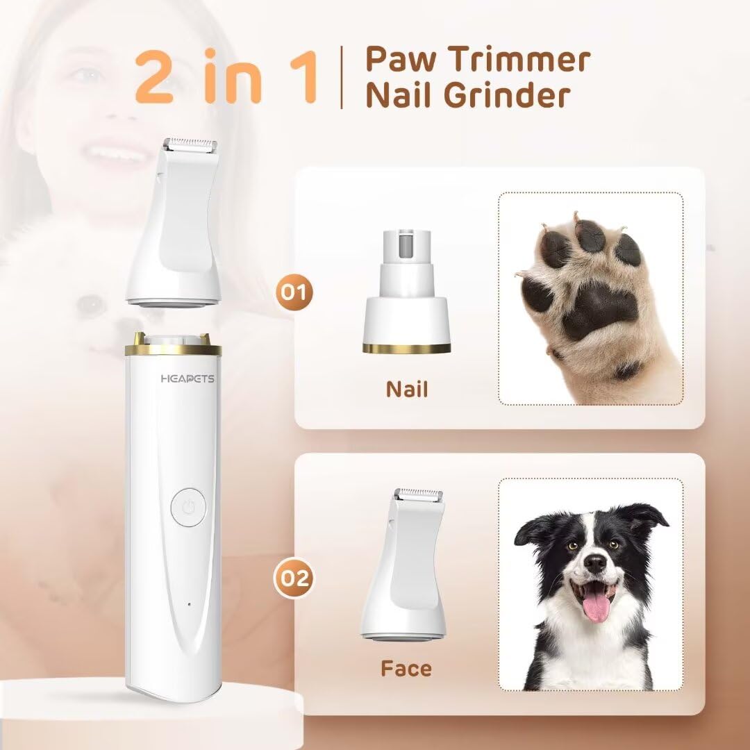 HEAPETS Dog Hair Clippers for Grooming Kit and Dog Paw Trimmer Nail Grinder for Grooming, Low Noise Rechargeable Cordless, Shaver Grooming Supplies for Pet Cats Dogs (Black, White)