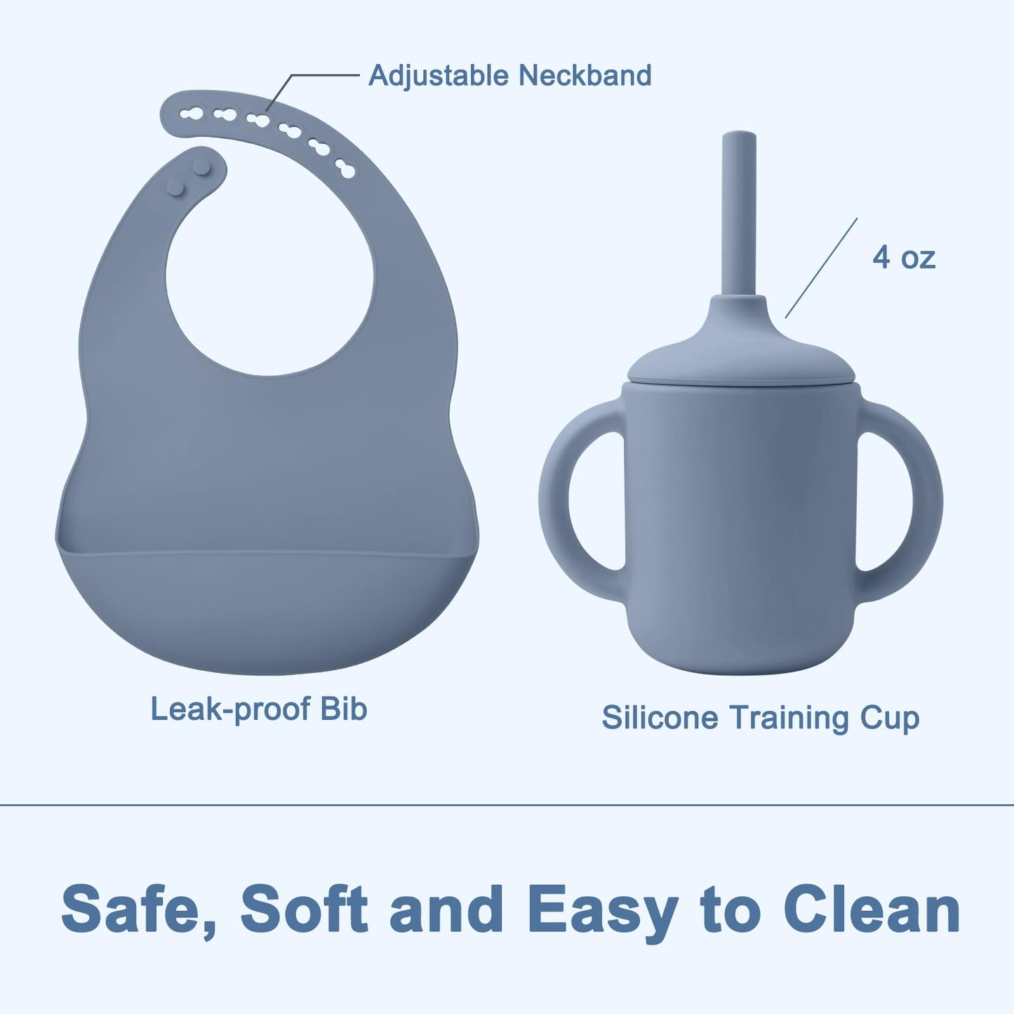 LITTLE RAWR Silicone Baby Feeding Set 14 Pcs,Baby Led Weaning Supplies, Baby Spoons Suction Bowl Divided Plate Bib Cup Finger Brush,First Stage Solid Food Eating Utensils - 6+ Months(Blue Gray)