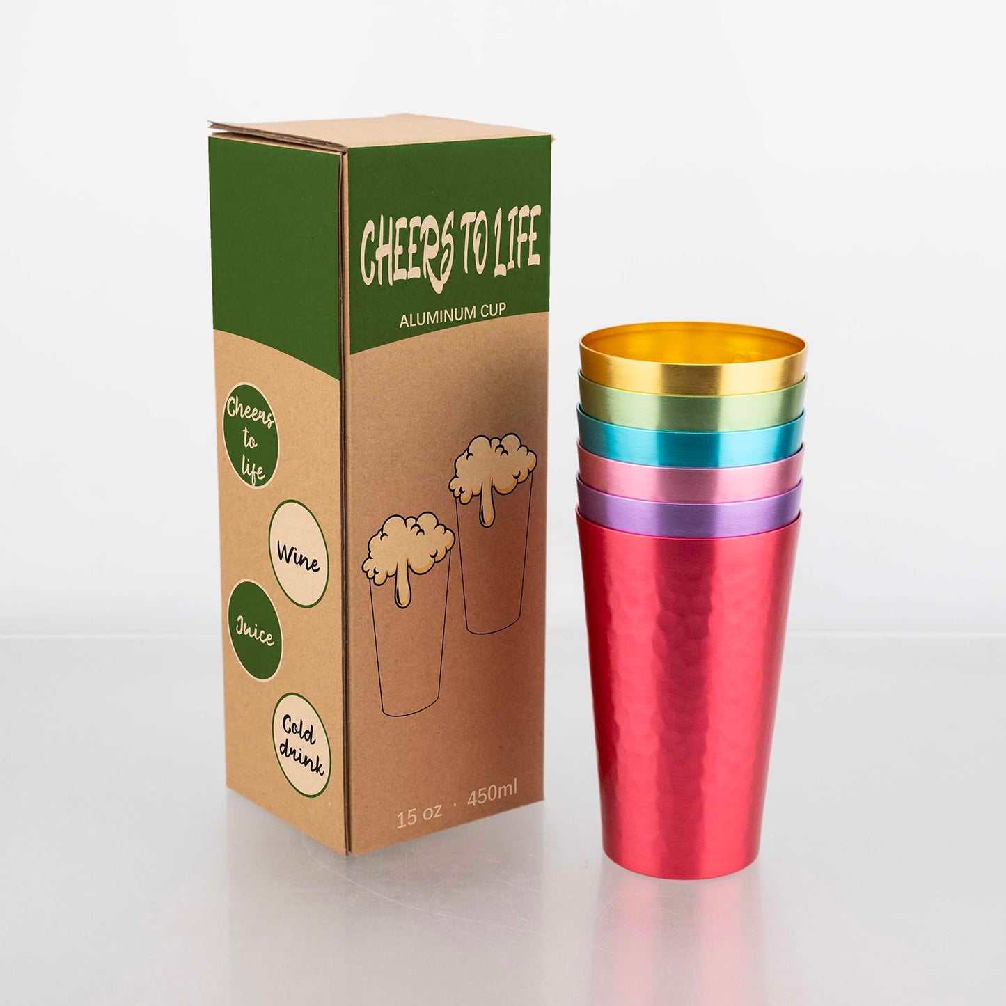 TJ Aluminum Metal Cups, Metal Anodized Multi-Colored Red, Purple, Pink, Blue, Green, Gold Party Cup Set, Aluminum Drinking Cups, Set of 6, 15 oz