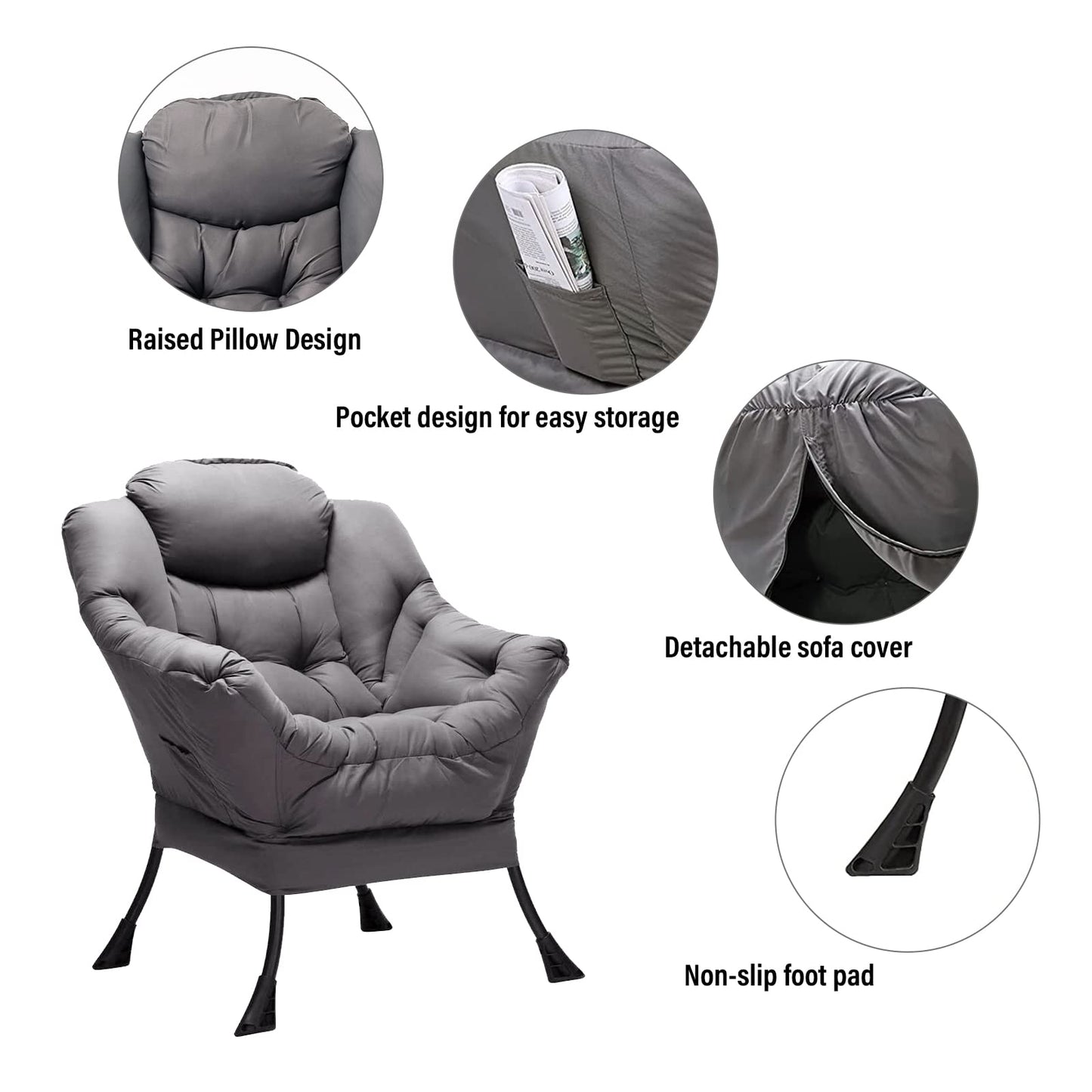 Welnow Lazy Chair with Ottoman, Modern Lounge Accent Chair with Armrests and a Side Pocket, Leisure Sofa Armchair, Reading Armchair with Footrest for Small Space, Dark Grey