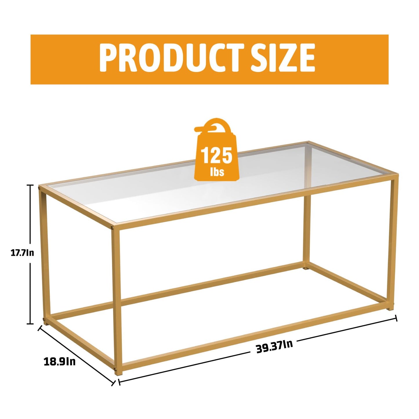 Tempered Glass Coffee Table - Minimalist Center Table for Living Room, Office - Modern Top With Sturdy Metal Frame & Open Storage - Easy Assembly, Gold