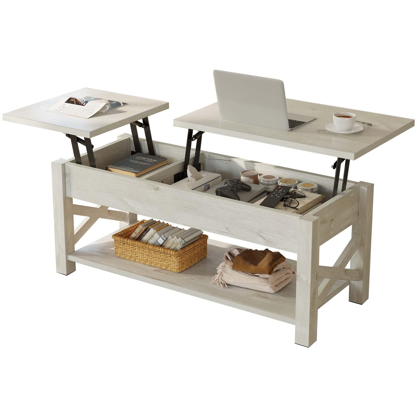 Rolanstar 47.2" Lift Top Coffee Table with Hidden Compartment, 2 Way Lift Top Coffee Table with Open Shelf & X Wooded Support, Farmhouse Center Table for Living Room, Grey