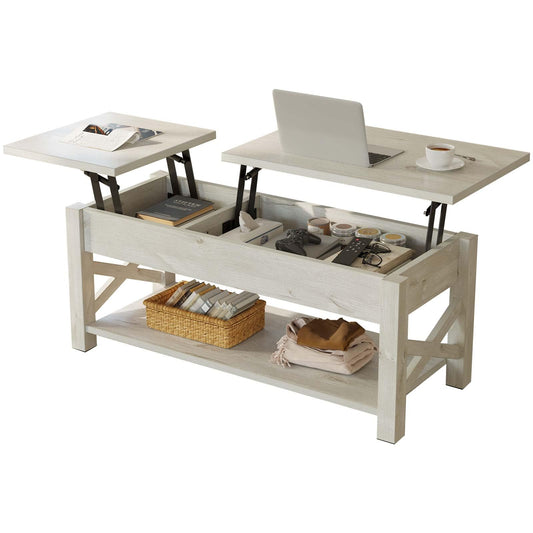 Rolanstar 47.2" Lift Top Coffee Table with Hidden Compartment, 2 Way Lift Top Coffee Table with Open Shelf & X Wooded Support, Farmhouse Center Table for Living Room, Grey