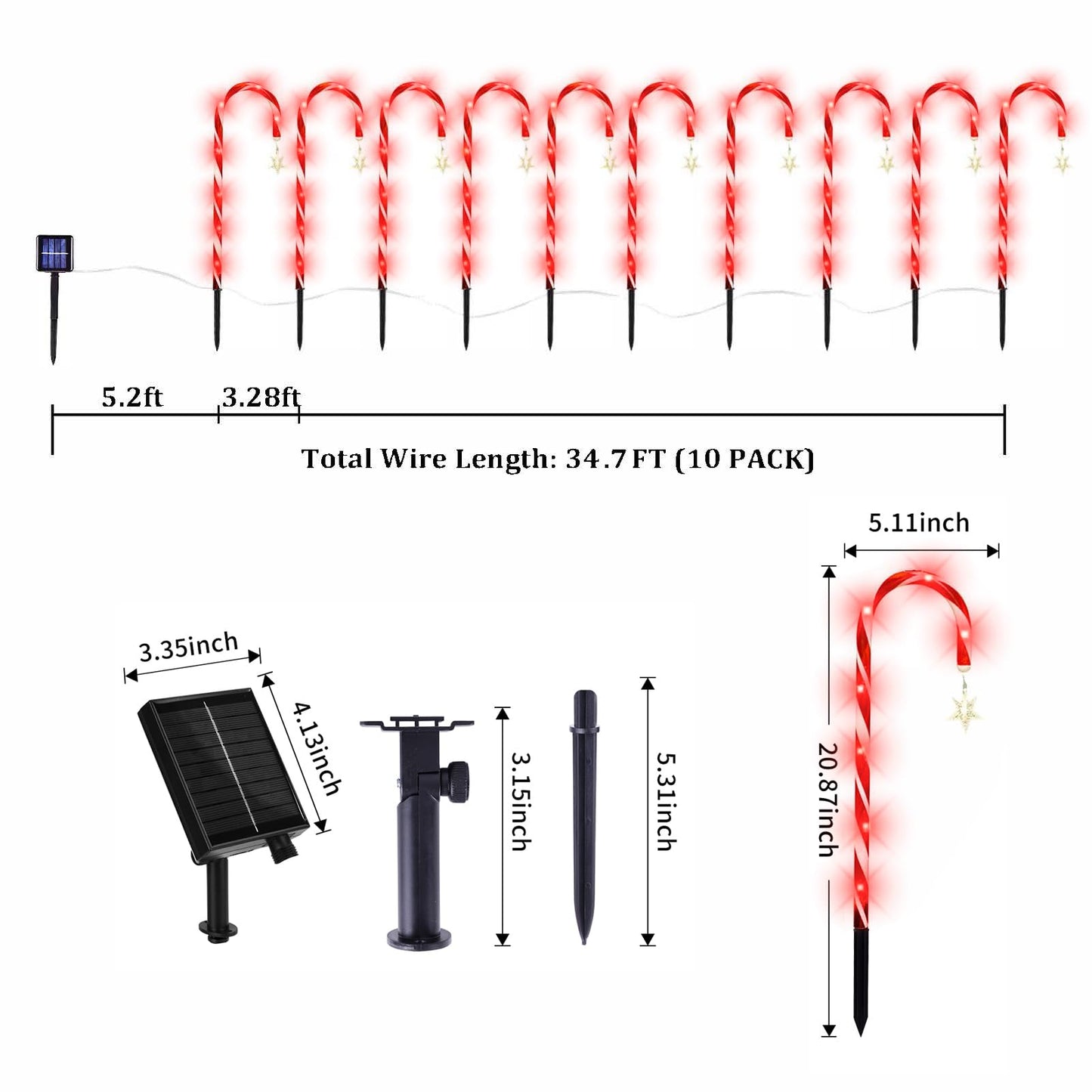 Bstge 10 Pcs Solar Christmas Candy Cane Lights with 8 Modes, Waterproof Garden Pathway Lights for Outdoor Xmas Patio Yard Walkway Decorations