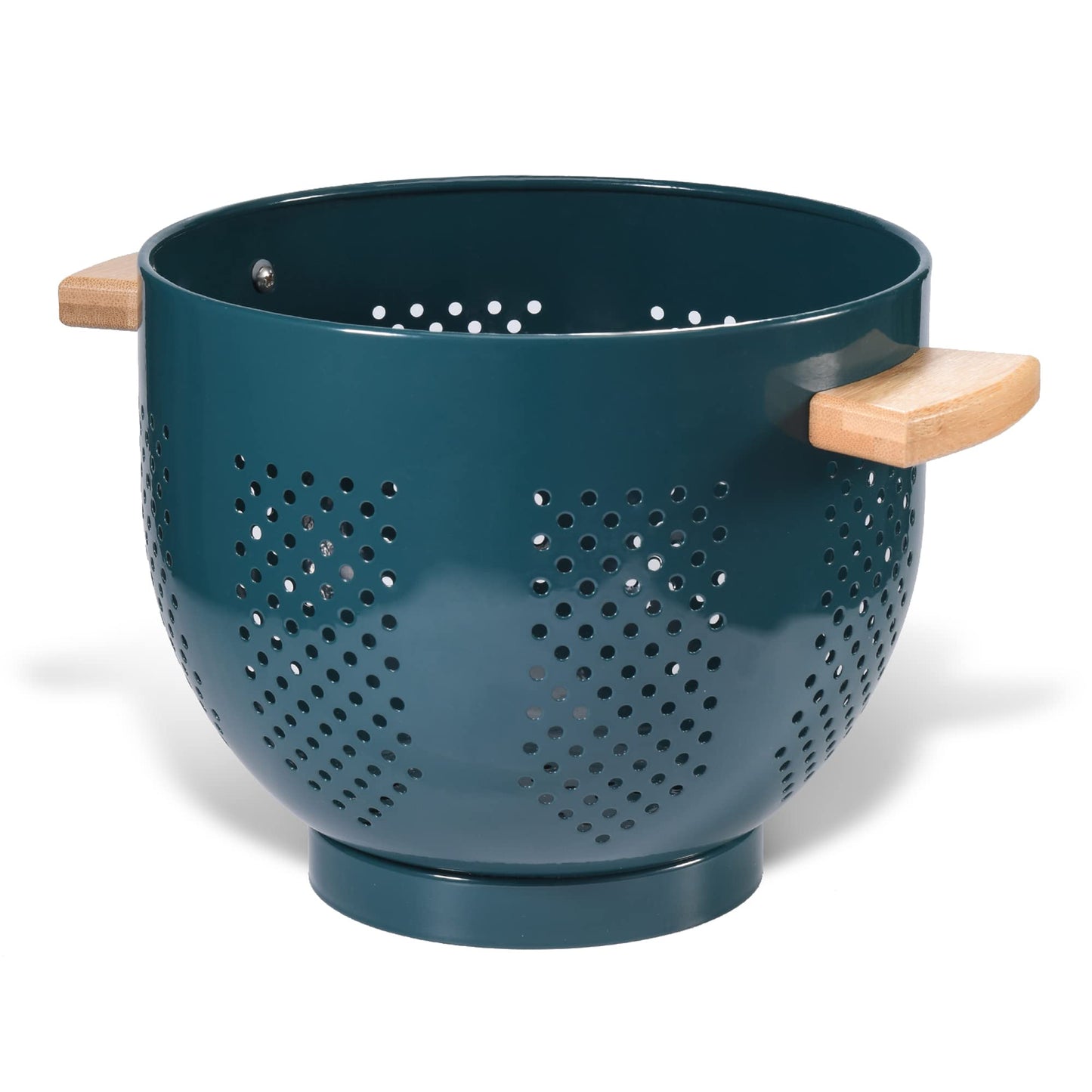 Metal Colander with Wood Handle, Powder Coated Steel Large Kitchen Strainer Stable Base,(Green, 5.5QT)
