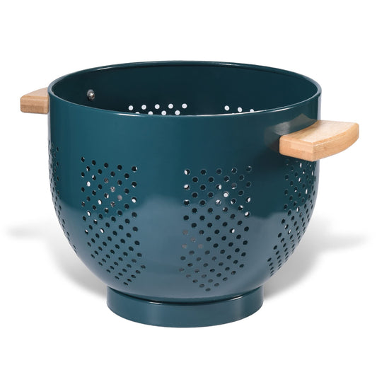 Metal Colander with Wood Handle, Powder Coated Steel Large Kitchen Strainer Stable Base,(Green, 5.5QT)