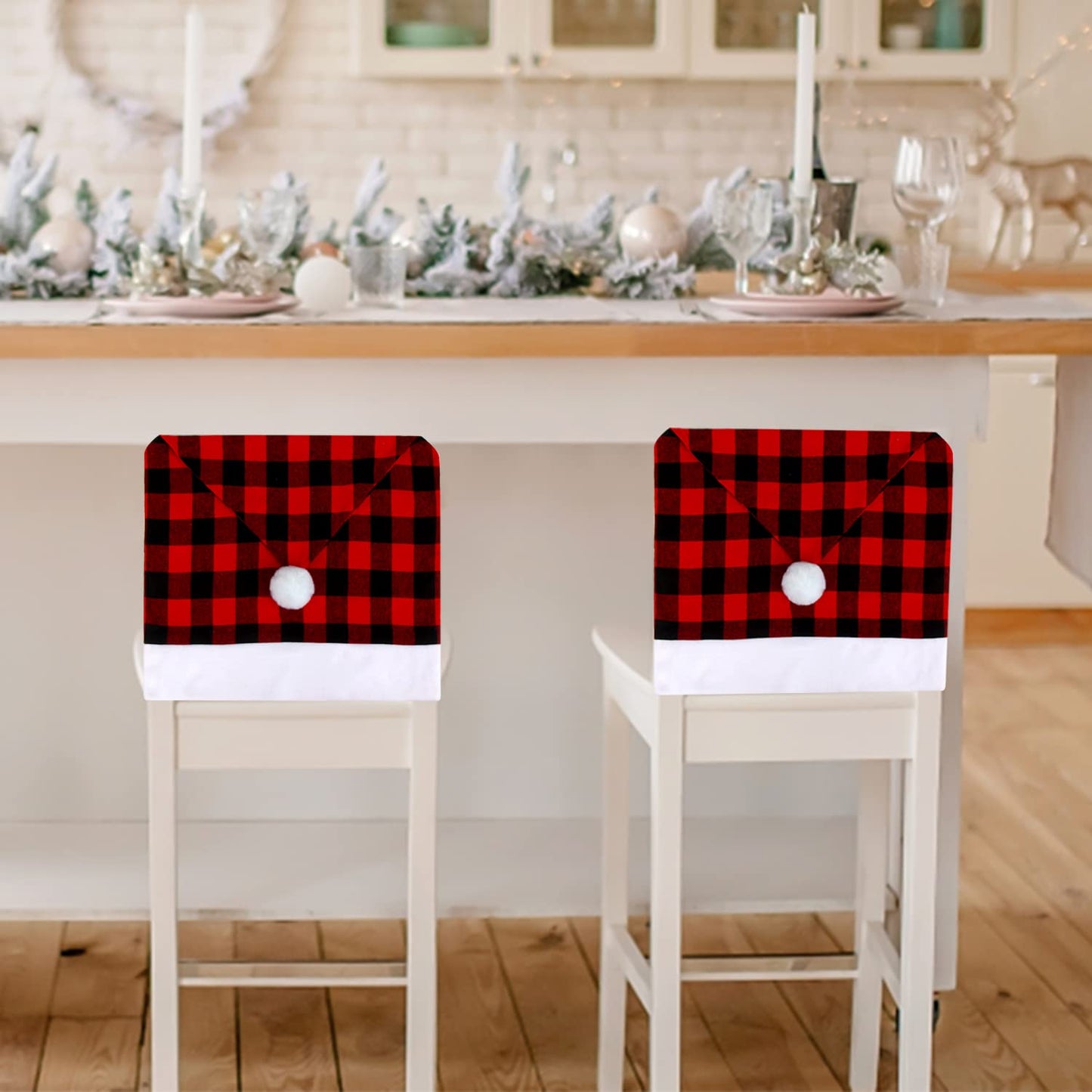 CCINEE 6pcs Christmas Chair Back Cover, Black and Red Grid Chair Slipcovers Hat Buffalo Plaid Christmas Back Covers Christmas Dining Chair Protector Elastic for Dining Room Xmas Party Table Decor…