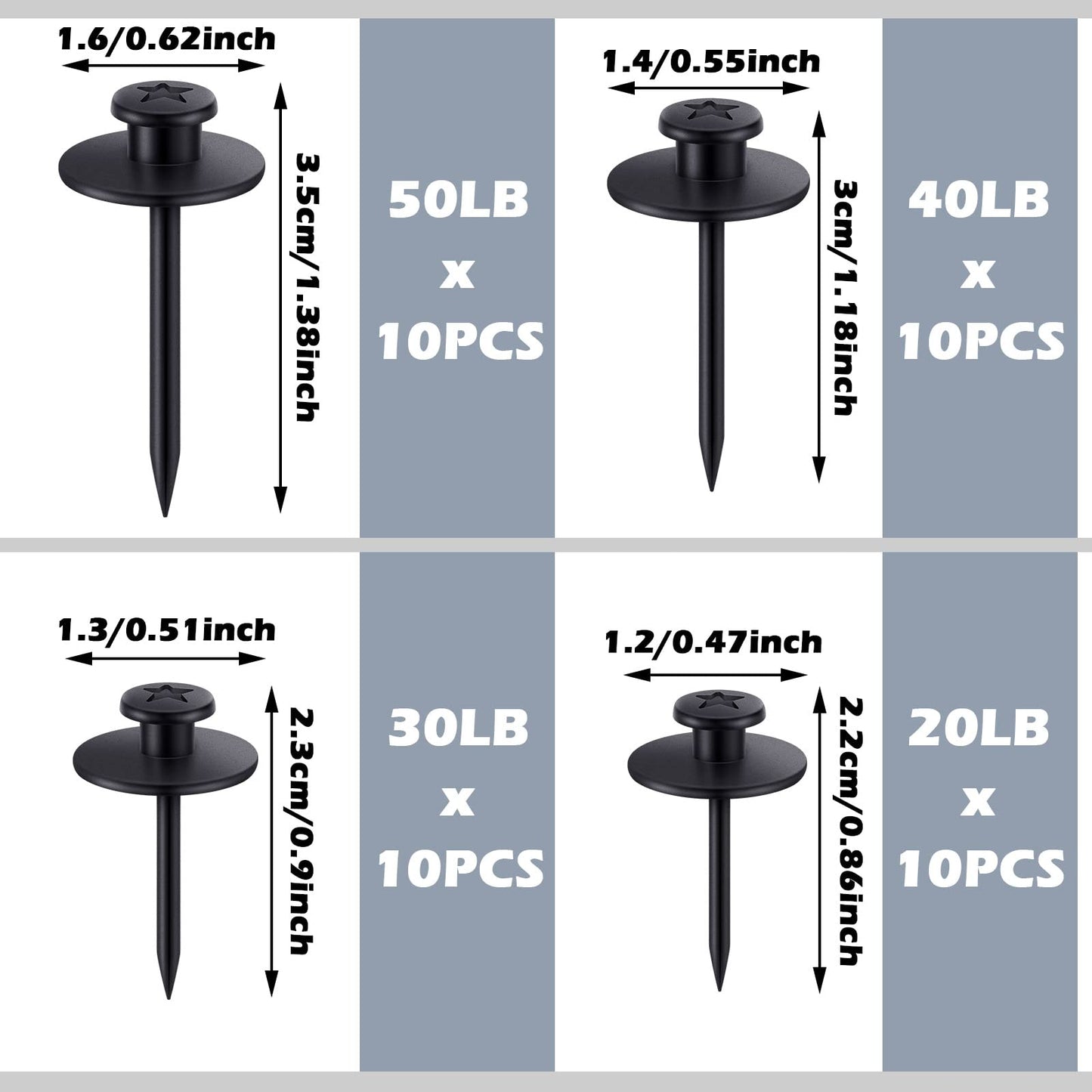 Zhengmy 40 Pcs Double Headed Picture Hangers Nails 4 Size Long Thumb Tacks Wall Nails for Hanging Pictures Decorative Push Pins Hooks for Tapestry Photo Office Home Decor(Black)