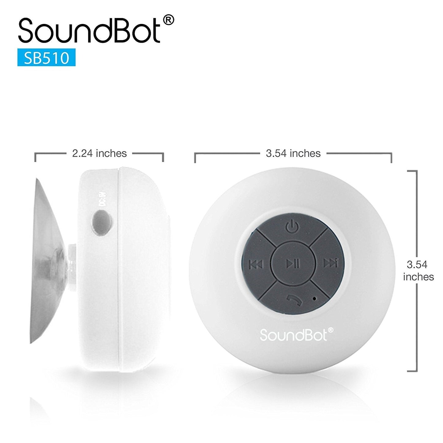 SoundBot® SB510 HD Water Resistant Bluetooth 4.0 Shower Speaker, Handsfree Portable Speakerphone with Built-in Mic, 6hrs of Playtime, Control Buttons and Dedicated Suction Cup for Showers (White)