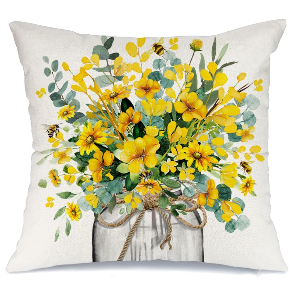 AACORS Summer Pillow Cover 18x18 Inch Eucalyptus Flowers Decor Vase Bee Farmhouse Seasonal Pillow Case Decorations for Home Sofa Couch AA509-18