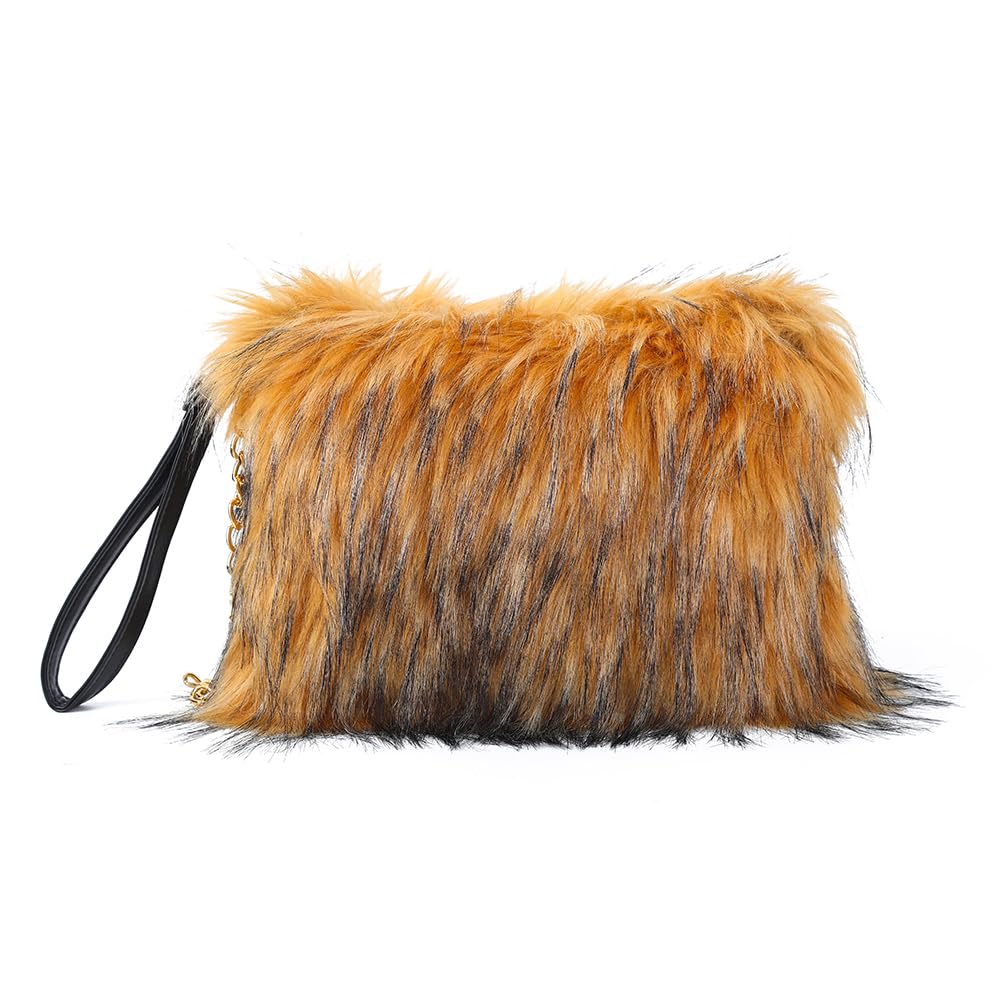 ZOSCGJMY Evening Faux Fur Handbags for Women Furry Fluffy Fuzzy Bags Purse Crossbody Shoulder Strap (Brown)