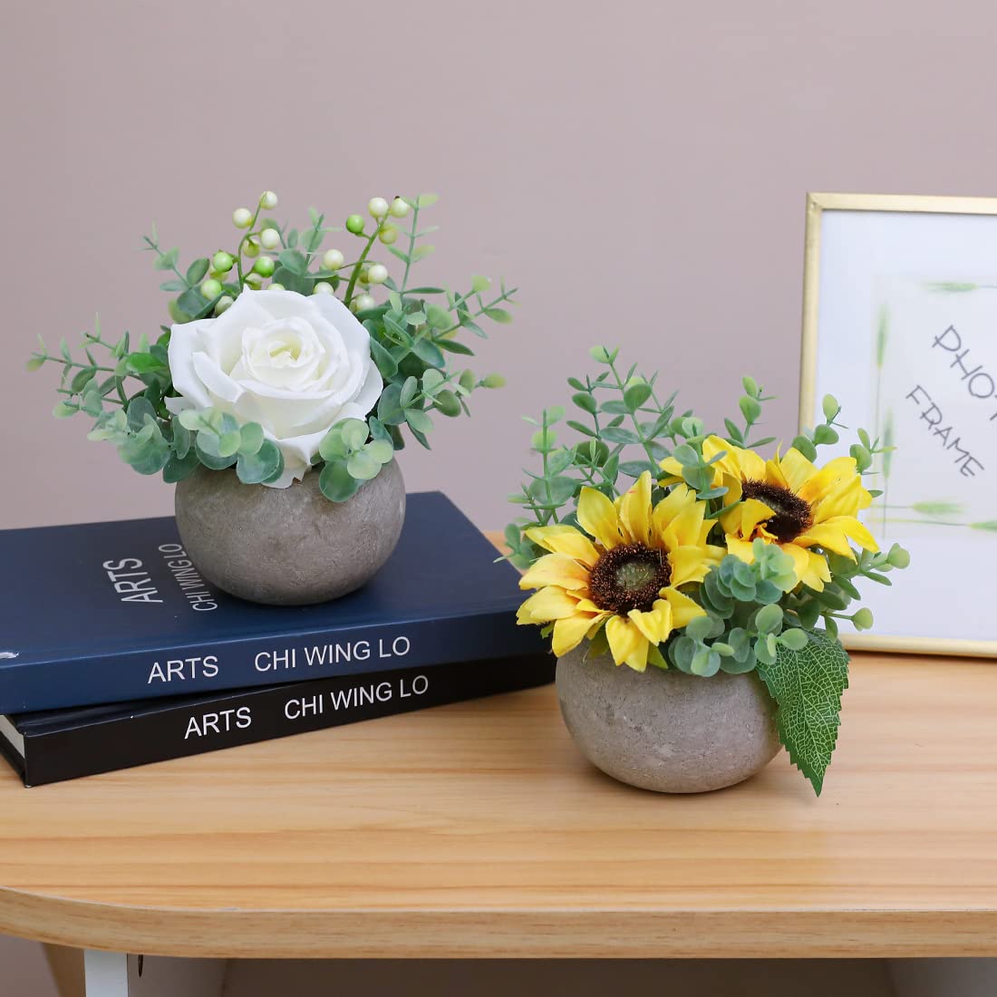 Rosscer Artificial Flowers Kit with Pot, Combination of Fake Silk Sunflowers and Greenery,Small Plant Potted Decor for Offices,Bookshelf,Bedroom, Living Room,Party,Wedding Decorations…