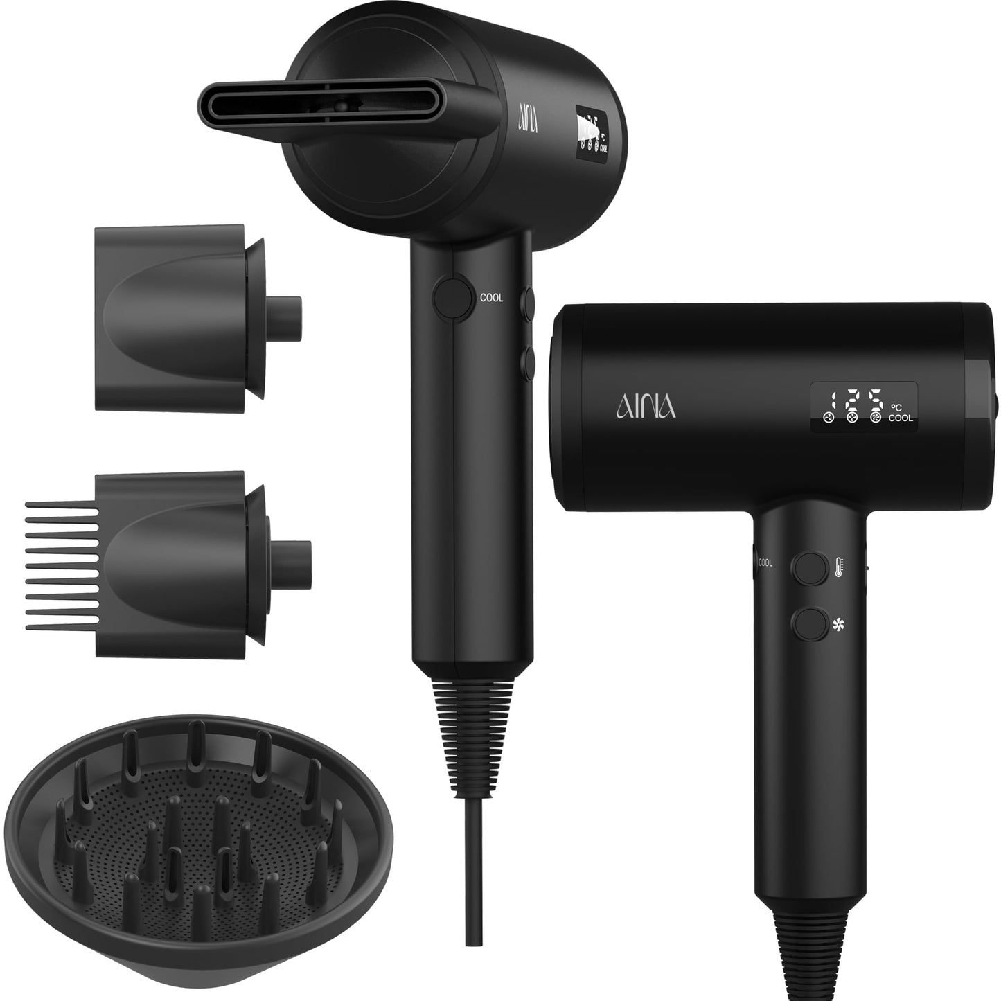 AINA Professional Salon Hair Dryer,2000W Blow Dryer with Diffuser Brush Comb for Women-BLDC Hair Dryer-Brushless Motor 150,000 RPM,Ionic,LED Display,4 Magnetic Attachments 110V/ALCI (Vader Black)