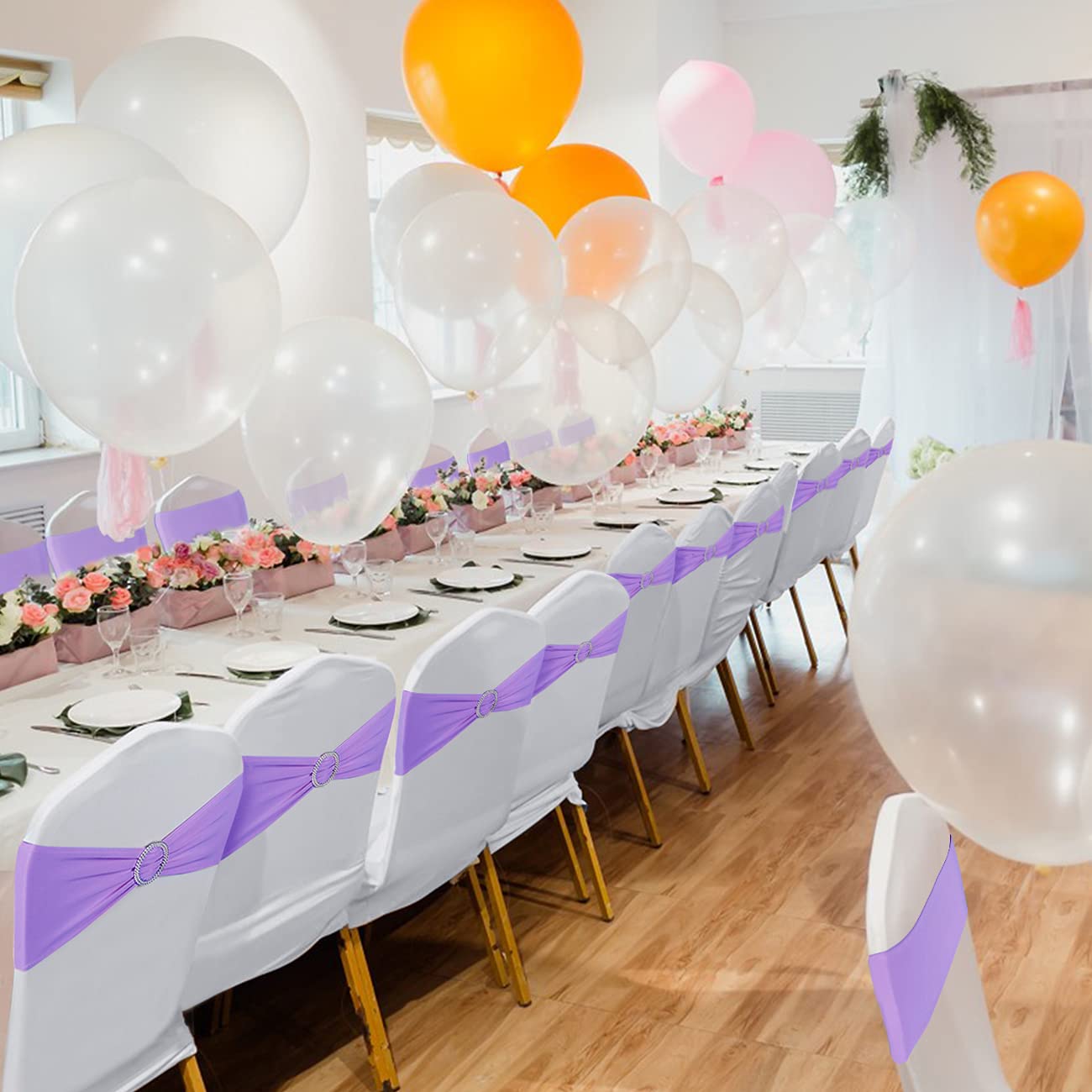 Babenest Spandex Chair Sashes Bows 100PCS Premium Stretch Chair Cover Band with Buckle Slider Universal Elastic Chair Ties for Wedding Party Ceremony Reception Banquet Decoration (Purple)