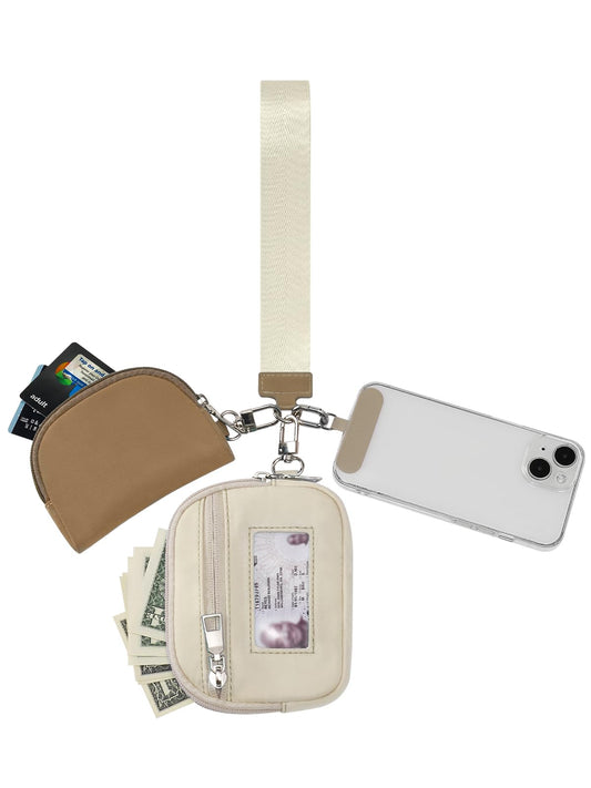 Flowston Mini Zip Around Dual Pouch Wristlet Keychain Wallet Portable Coin Purse Pouch Suitable for Women and Men with Phone Tether Tab