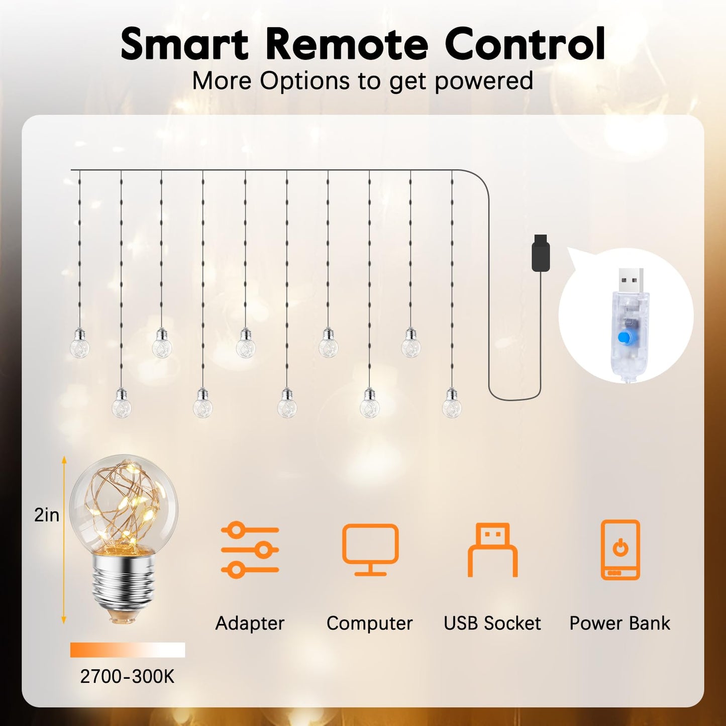 Minetom 200 LED Curtain Fairy Lights - 9.8 FT Wishing Ball Window Hanging Lights with Remote, USB Powered Waterproof for Christmas Wedding Bedroom Decoration, Warm White