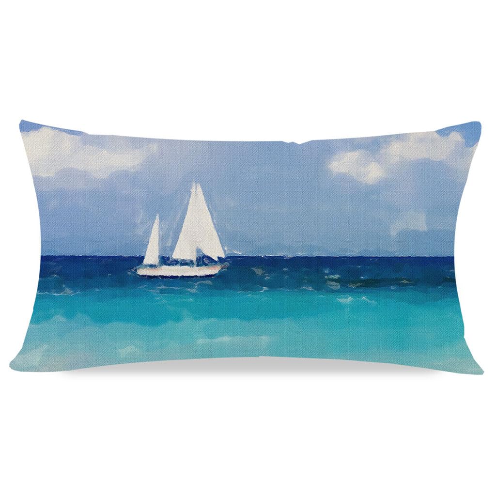 PANDICORN Summer Beach Throw Pillow Covers 12x20 Inch Sea Ocean Sailboat Nautical Coastal Blue Outdoor Decorations Lumbar Decorative Throw Pillows Cases for Beach House Home Living Room Couch Decor
