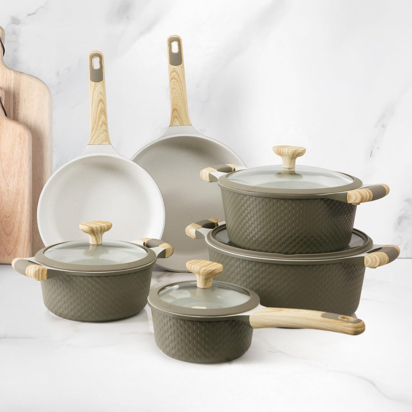 KASANOVA 10Pcs Cookware set, Die-cast Aluminum pots and pans, Nonstick frying pans and casseroles, Induction safe, PFOA-free (Green and Cream, 10 pcs)