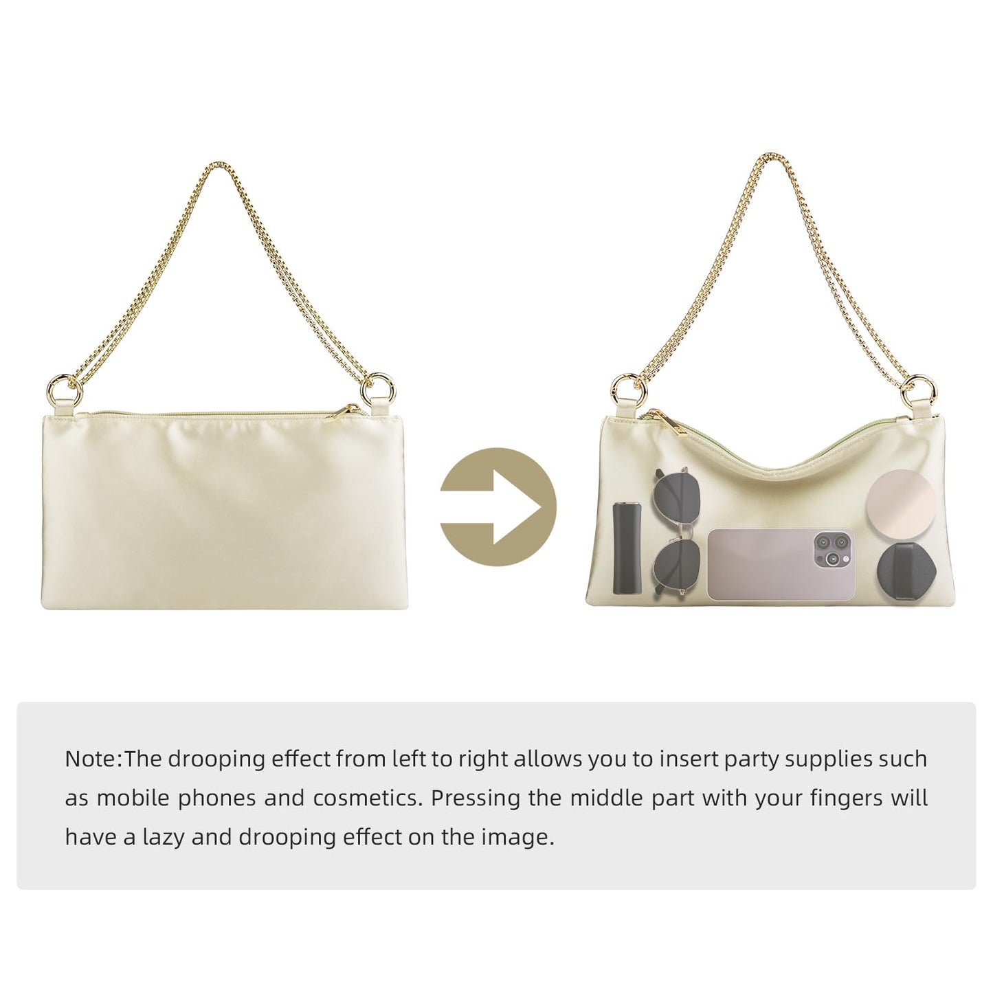 MGBPEI Women Satin Evening Handbag Wedding Prom Clutch Purse Formal Cocktail Party Clutches Shoulder Bag with 2 Bag Chains(Champagne)