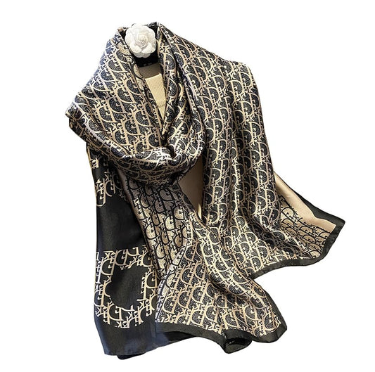 FairyCity Luxury Designer Silk Scarf, Black and Gold Pattern Monogram Print Square Shawl Wrap scarves