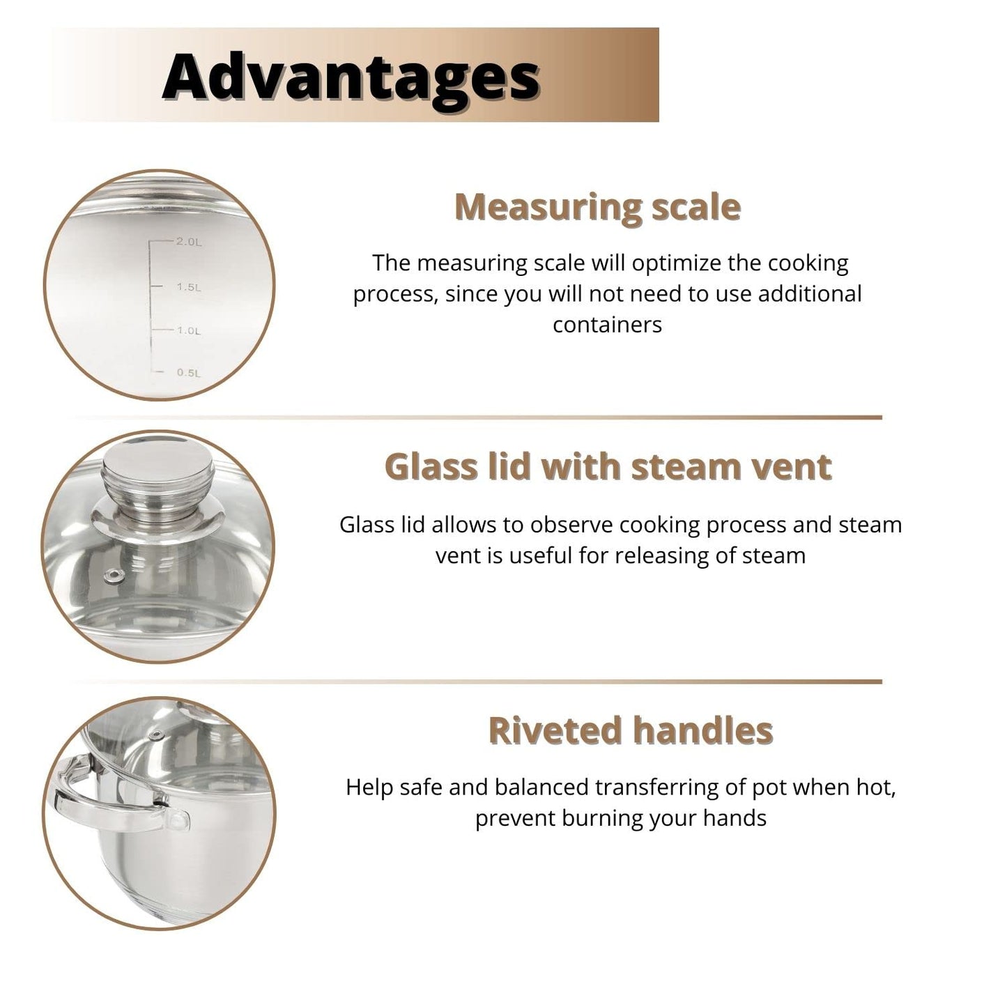 Daniks Standard 6-Piece Stainless Steel Induction Cookware Set, Dishwasher Safe Pots, Measuring Scale, Glass Lids, For Soup, Pasta, Stew, Silver