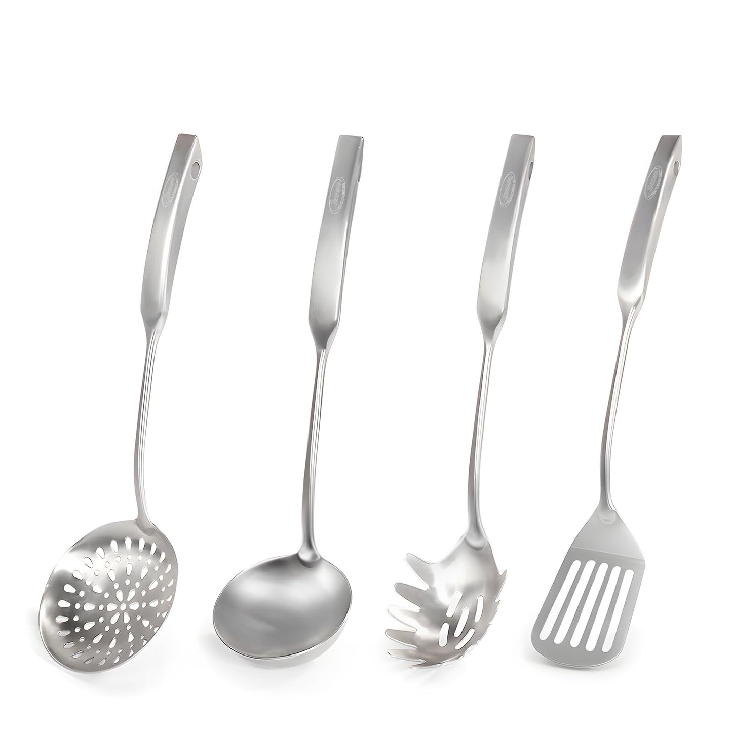 Newness 4 Pcs Cooking Utensils Set, 304 Stainless Steel Kitchen Utensils Set, Metal Kitchen Accessories, Include Soup Ladle, Slotted Skimmer Spoon, Spaghetti Spoon and Spatula, Dishwasher Safe