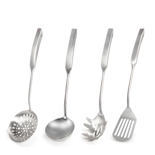 Newness 4 Pcs Cooking Utensils Set, 304 Stainless Steel Kitchen Utensils Set, Metal Kitchen Accessories, Include Soup Ladle, Slotted Skimmer Spoon, Spaghetti Spoon and Spatula, Dishwasher Safe
