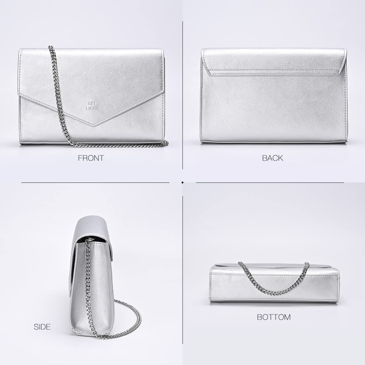 GM LIKKIE Clutch Purse for Women, Evening Envelope Clutch Bag, Crossbody Foldover PU Leather Shoulder Handbag (Silver)