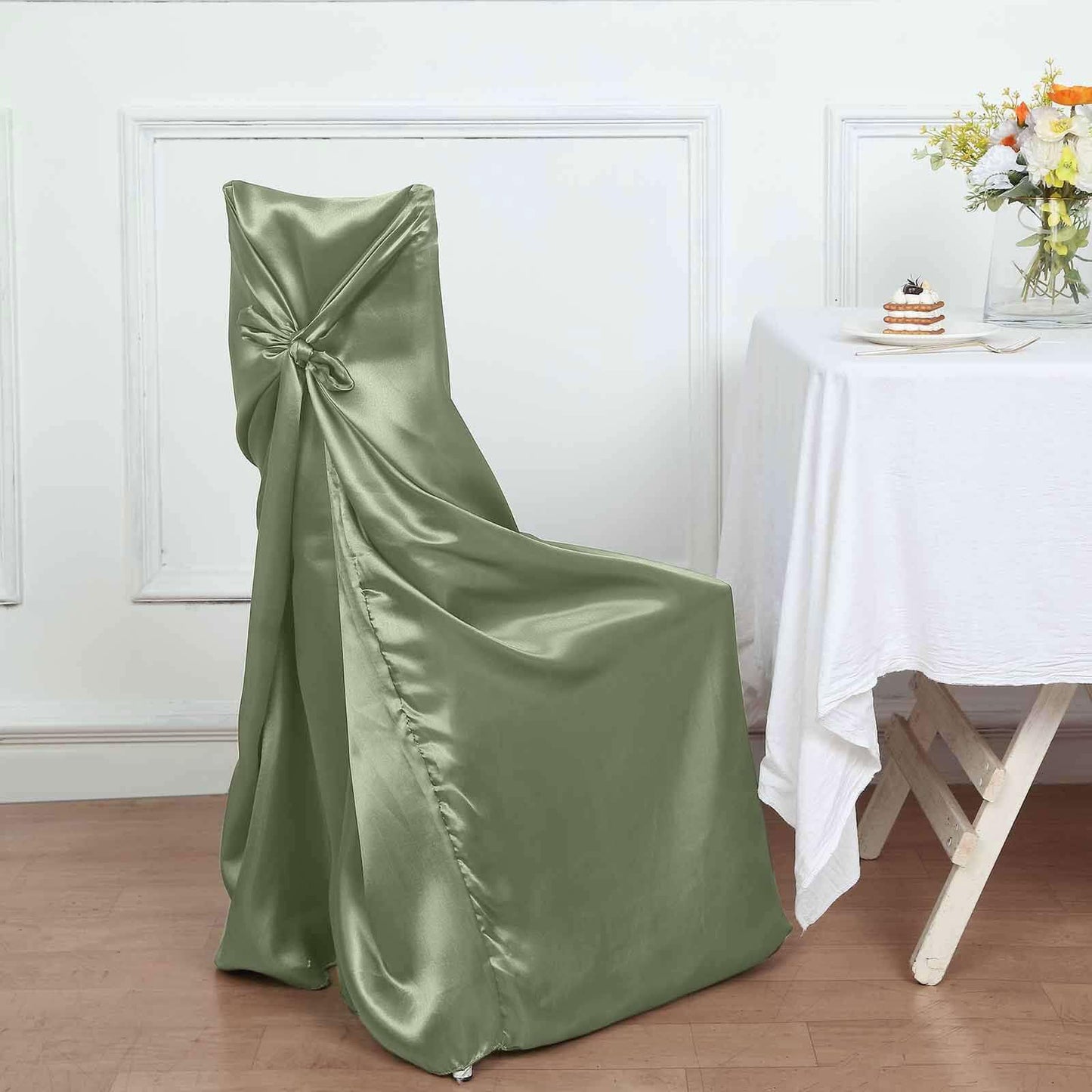 Efavormart Dusty Sage Green Chair Covers for Party 1 PCS Satin Self Tie Universal Banquet Wedding Folding Chair Cover for Dining Chairs Washable Slipcovers for Outdoors Events