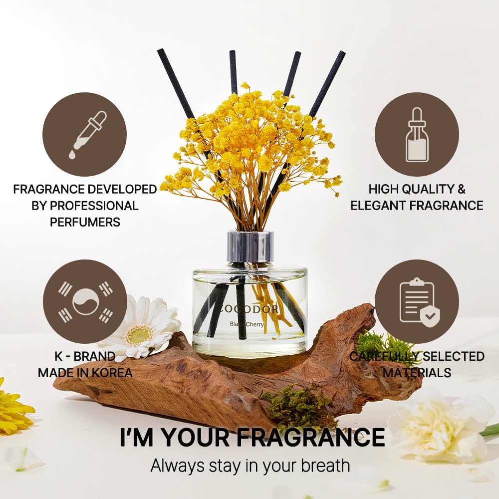 COCODOR Flower Reed Diffuser Set / 6.7oz / Dark Vanilla&Sandalwood/Scent Diffuser with Sticks Home Fragrance Reed Diffuser for Bathroom Shelf Decor