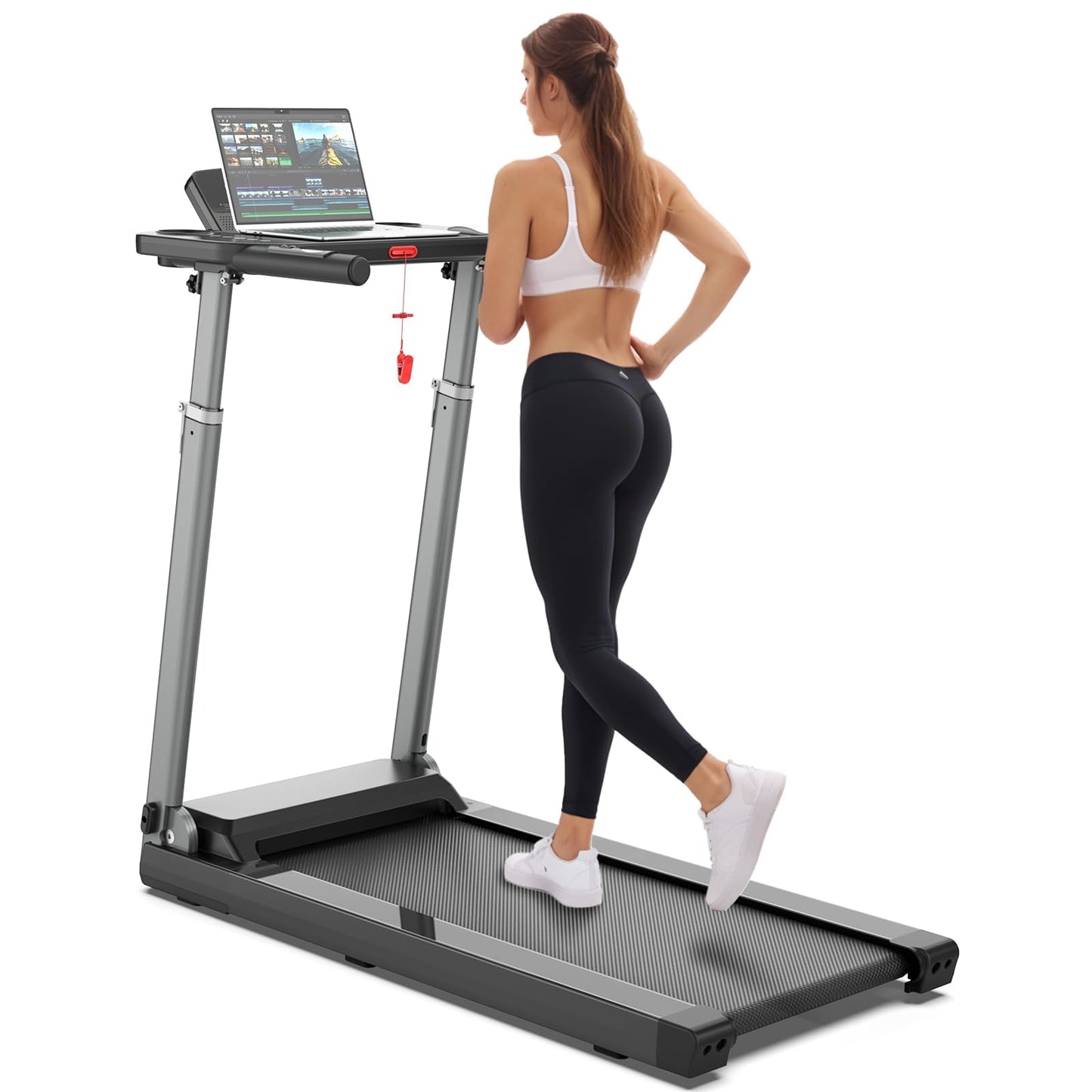 Folding Treadmill with Adjustable Desk & Bluetooth Speaker - Portable, Quiet, and Compact Running Machine for Home Office, Walking, Jogging (300 lbs Capacity)