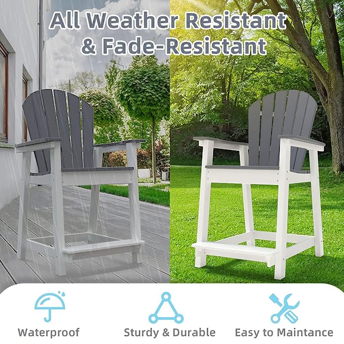 OTSUN Outdoor Tall Adirondack Chairs Set of 2, Patio Bar Stool Chair with High Back, 400lbs, Widened Arms, All-Weather Balcony Chair for Backyard, Garden, Yard - Light Grey