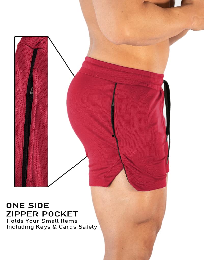 FLYFIREFLY Men's Gym Workout Shorts Running Lightweight Athletic Short Pants Bodybuilding Training Red
