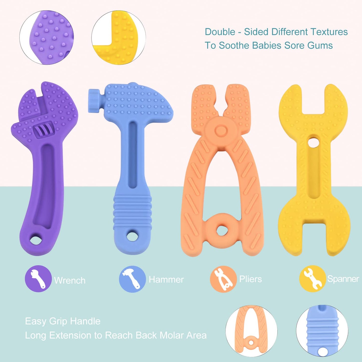 Teething Toys for Babies 3-6 Months 6-12 Months, Baby Teething Toys, Silicone Baby Teether Toys, Baby Chew Toys, Molar Teether, Hammer Wrench Spanner Pliers Shape Teething Toys for Boys Girls