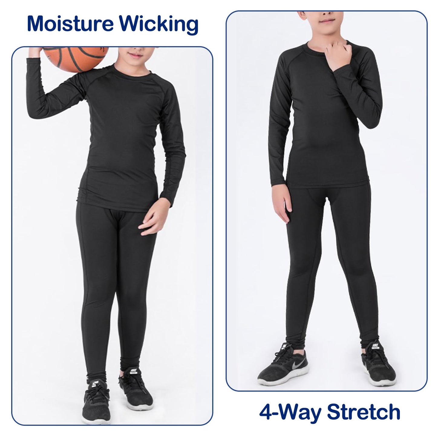 SS COLOR FISH Boys Compression Shirt Long Sleeve and Pants Set Youth Undershirts Athletic Tights Baselayer for Kids Baseball Black