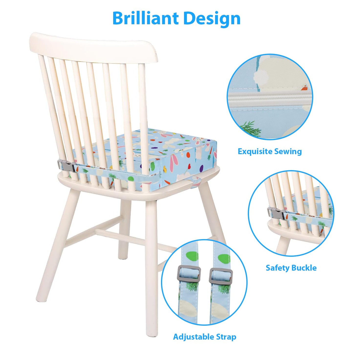 Toddler Booster Seat for Dining Table, Stronger Support Double Safe Straps Booster Seat Dining Toddler, Portable Travel Increasing Cushion (Blue Rabbit)