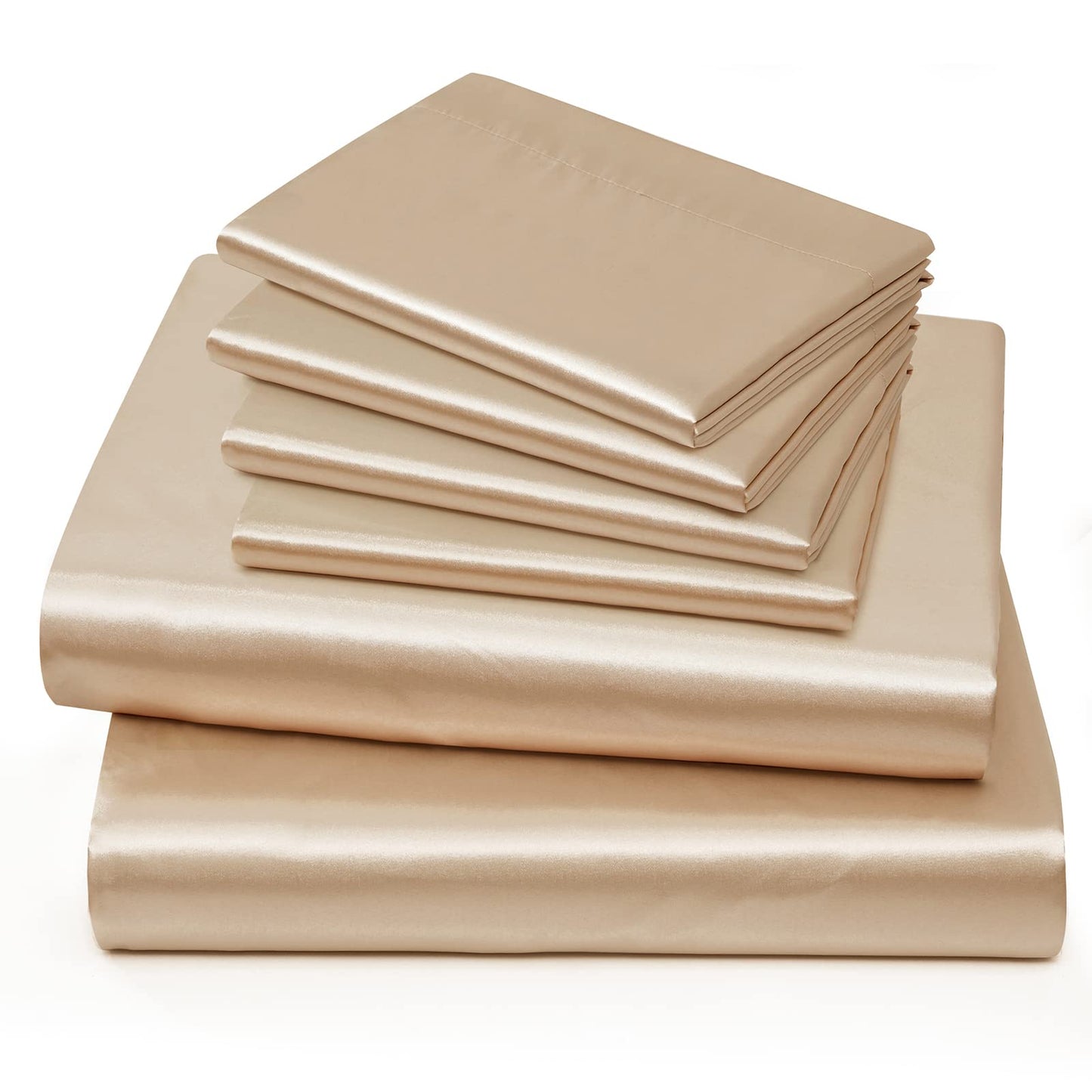 Horbaunal 6 Piece Satin Sheet Set King Size Luxury Silky & Soft Beige Satin King Bed Sheet Set with 16" Deep Pocket, 1 Fitted Sheet, 1 Flat Sheet, 4 Pillowcases