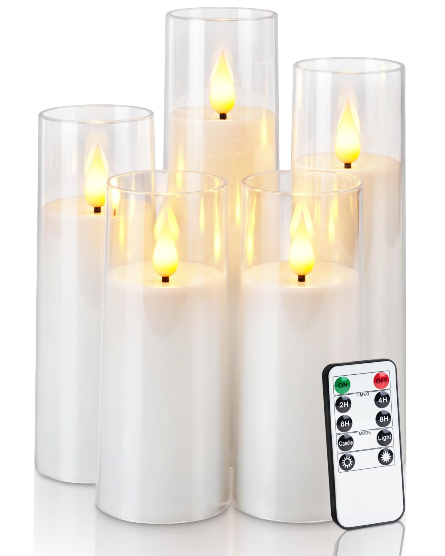Amagic Pure White Acrylic Flameless Candles, Battery Operated Candles, Flickering LED Pillar Candles with Remote Control and Timer, Warm Yellow Light, D2.2 xH5 5" 6" 7" 8", Set of 5