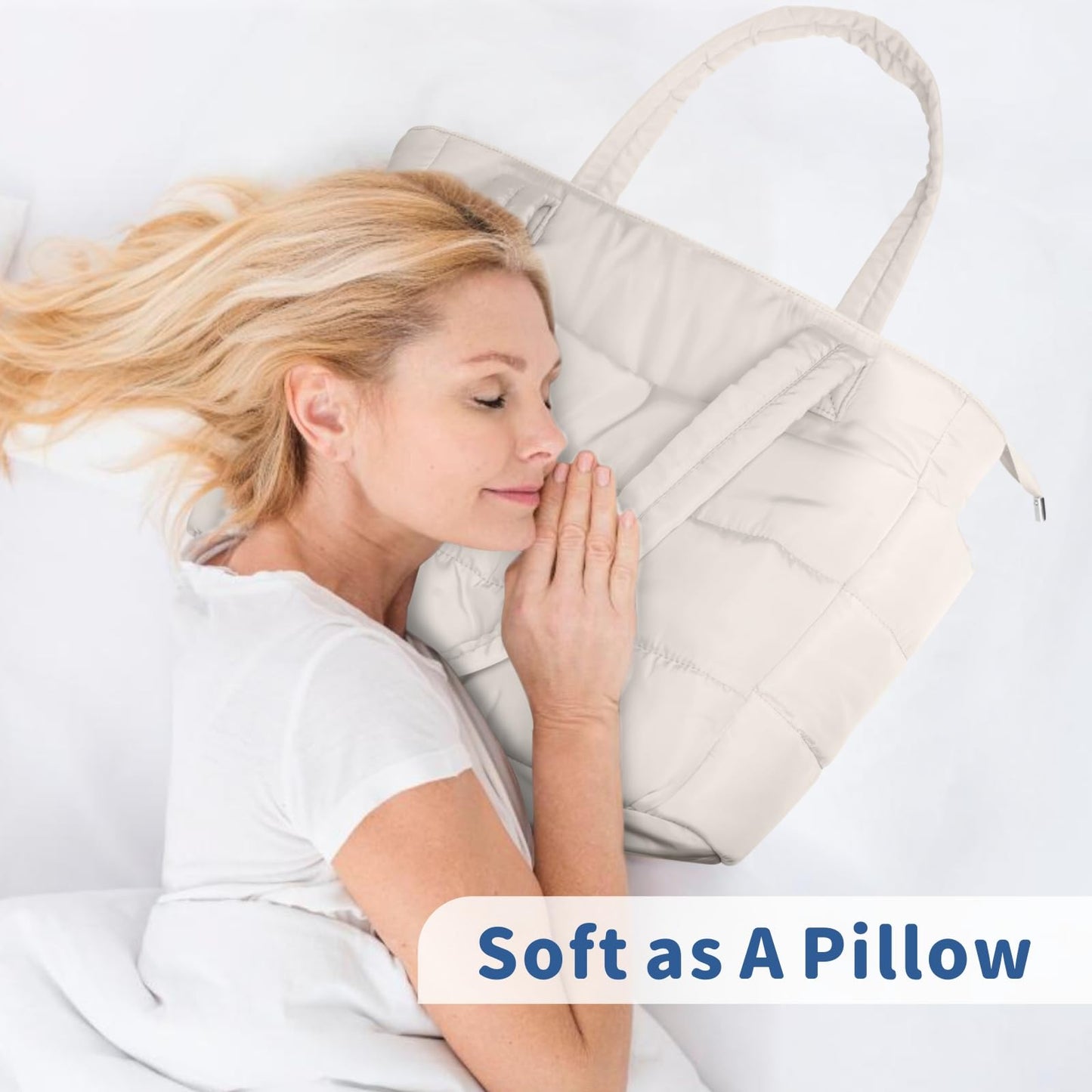 TOPDesign Puffer Tote Bag for Women, Lightweight Puffy Handbag with Compartments & Cosmetic Bag, Quilted Shoulder Bags for Work, Travel, Gym, Gifting (L Light White)