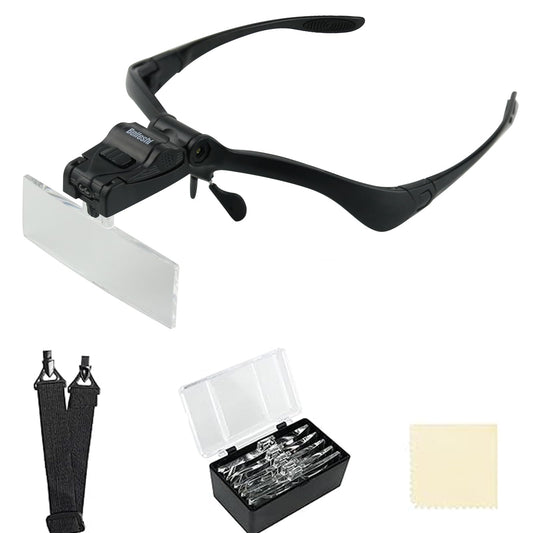 Beileshi Headhand Magnifier Glasses With 2 LED Professional Jeweler's Loupe Light Bracket and Headband are Interchangeable 5Lens Glass Magnifying Visor
