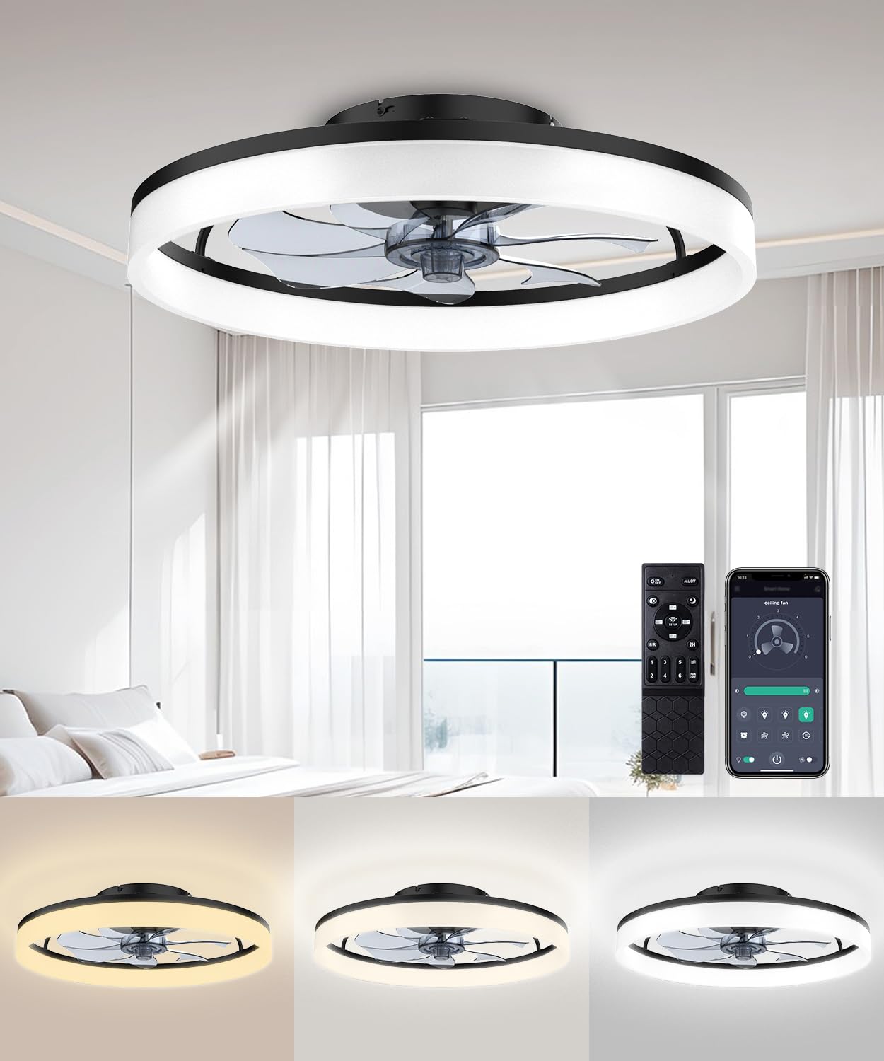 AQUBT Ceiling Fans with Lights and Remote, 20" Modern Low Profile Ceiling Fan with Light, Stepless Color Temperature Change and 6 Speeds for Bedroom, Kids Room and Living Room (Black)