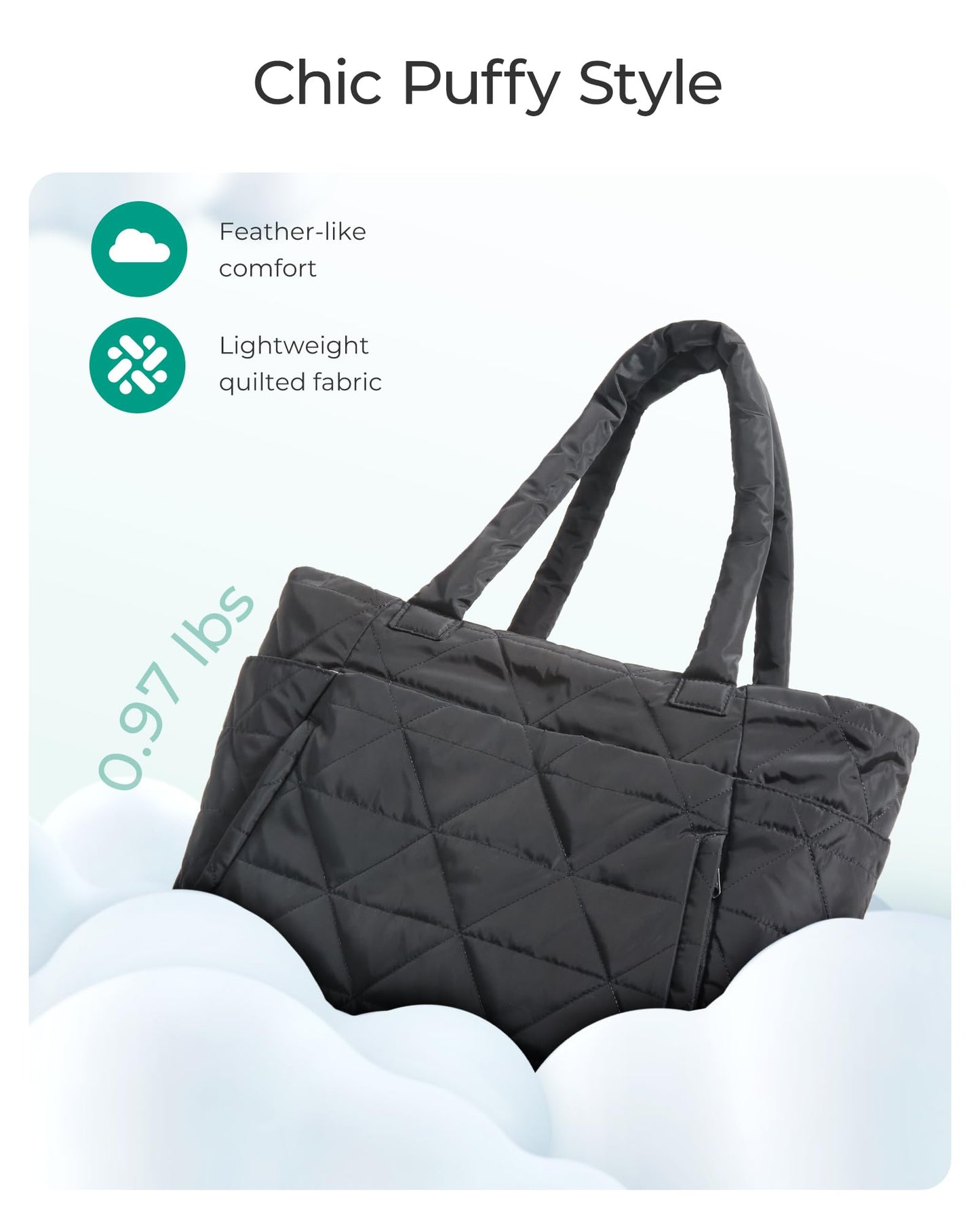 BAGSMART Tote Bag for Women, Puffy Tote Bag with Zipper, Large Quilted Shoulder Bag with Compartments for Travel, Work, Gym (Black)